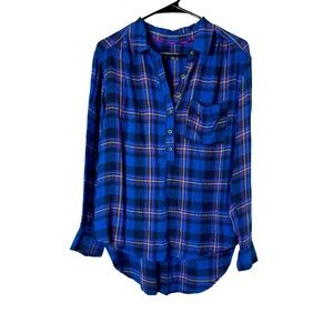 Anthropologie Plaid Blue Button Back High Low Top Shirt